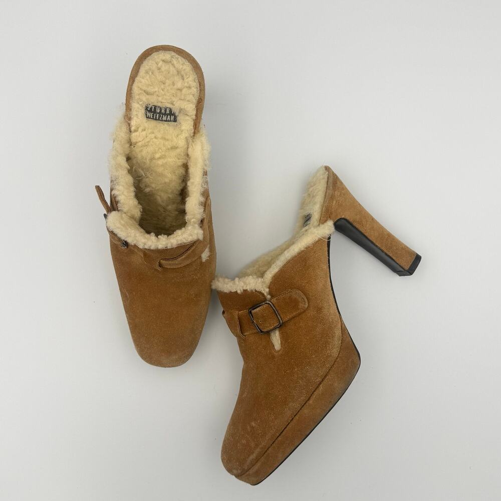 Vintage Stuart Weitzman Suede Shearling Pointed Toe Mules Heels